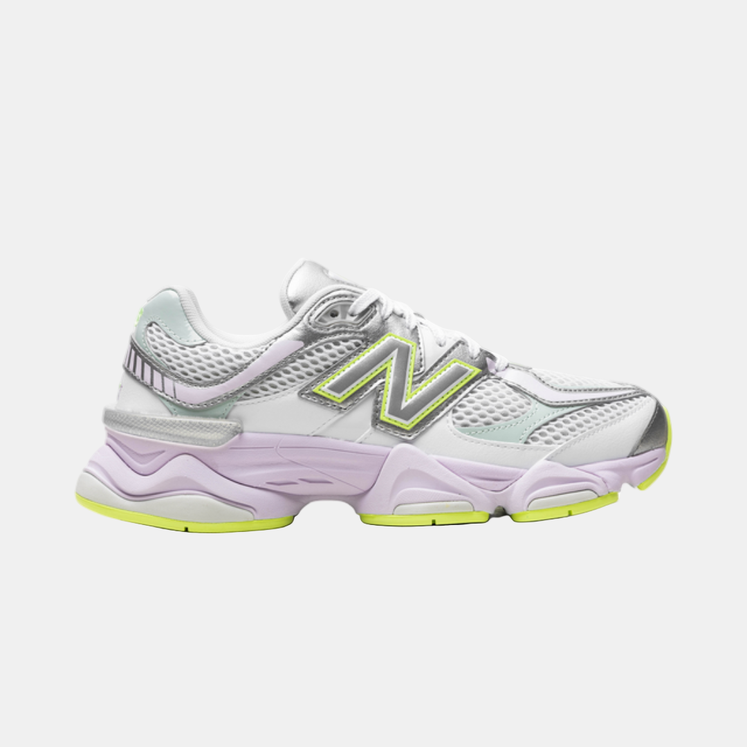 NB 9060 White, Silver Metallic, and Taro