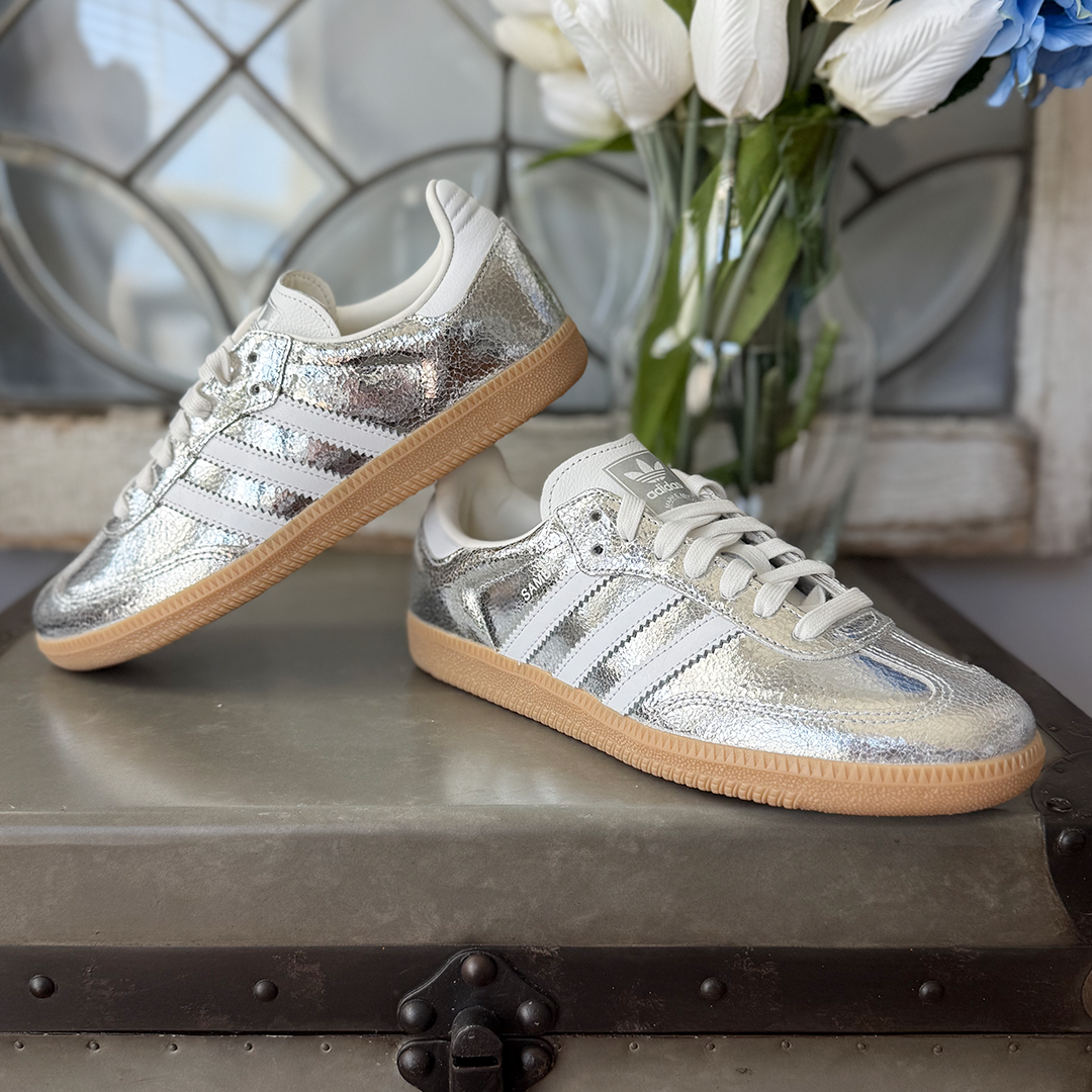 AD Samba OG Damen-Sneaker aus silberfarbenem Metallic-Leder mit Crackle-Optik