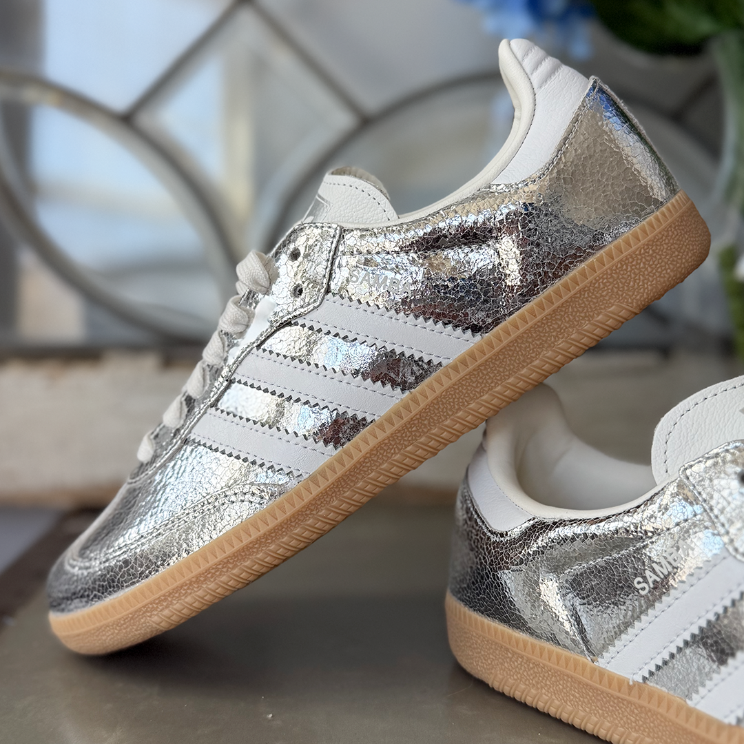 AD Samba OG Damen-Sneaker aus silberfarbenem Metallic-Leder mit Crackle-Optik