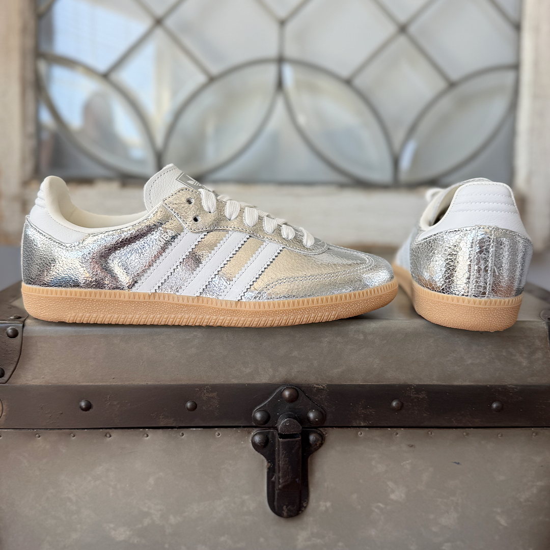 AD Samba OG Damen-Sneaker aus silberfarbenem Metallic-Leder mit Crackle-Optik