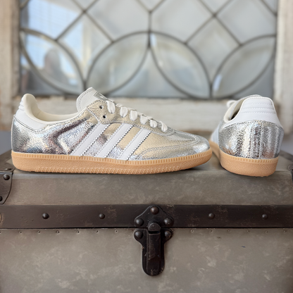 AD Samba OG Damen-Sneaker aus silberfarbenem Metallic-Leder mit Crackle-Optik