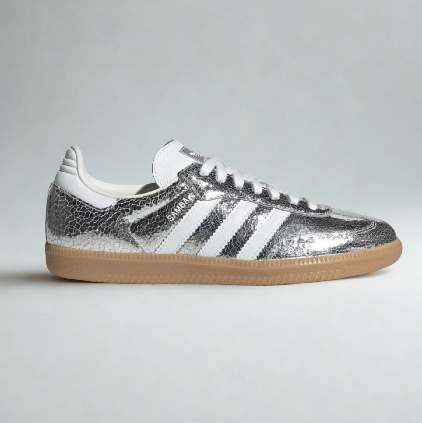 AD Samba OG Damen-Sneaker aus silberfarbenem Metallic-Leder mit Crackle-Optik